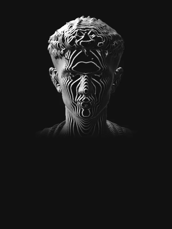 Marzouq Abedur Rahman, as a marble bust drawn in contour lines
